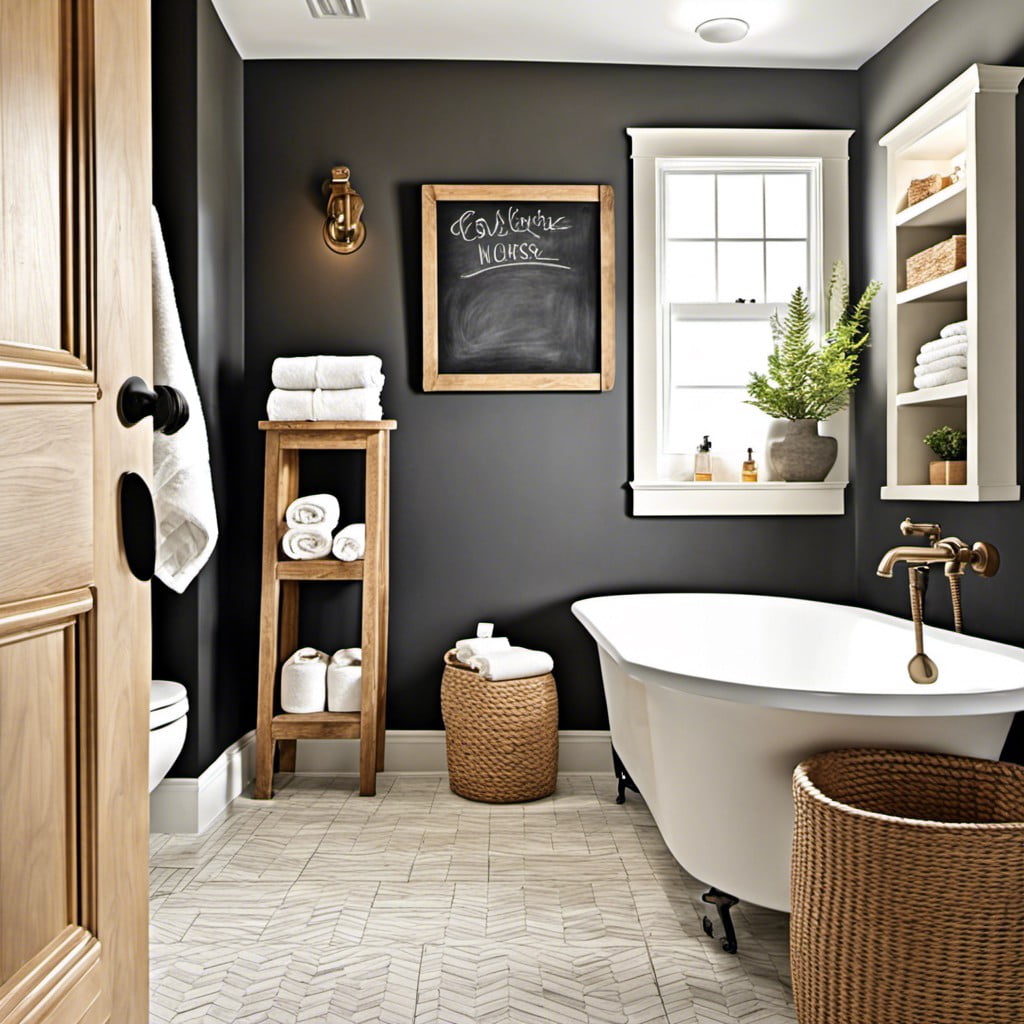 accent chalkboard wall in a neutral bathroom