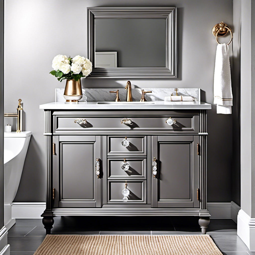 antique style grey vanity with crystal knobs