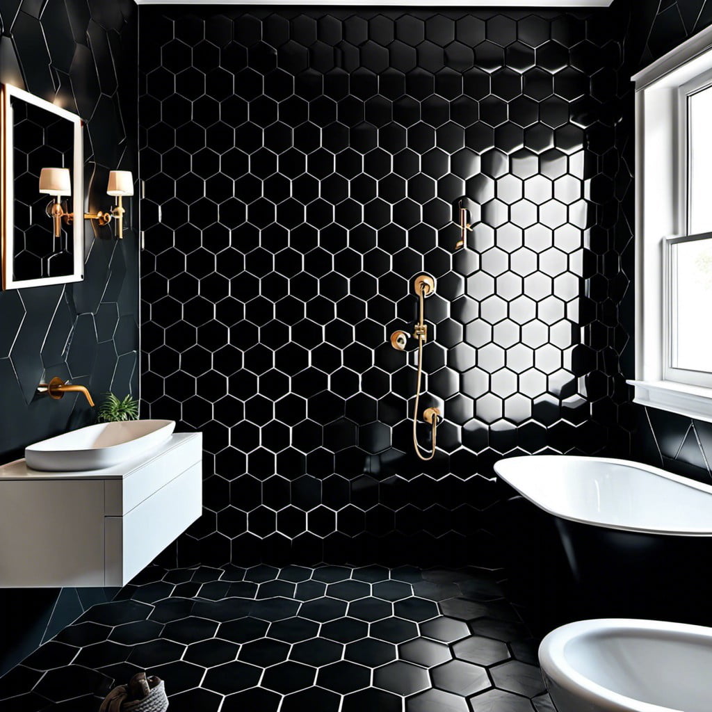 black hexagon tiles as a shower wall