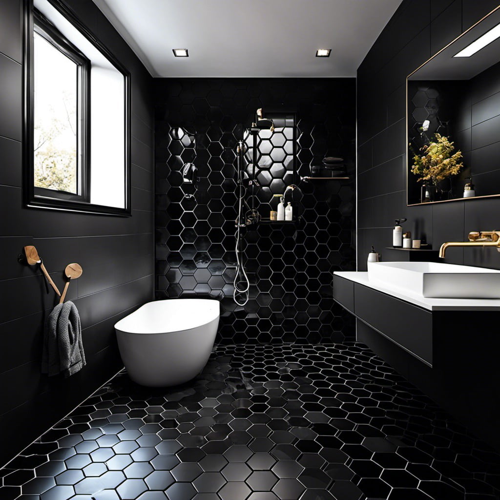 black hexagon tiles in wet room