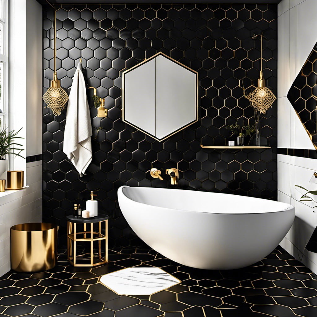 black hexagon tiles with gold accents