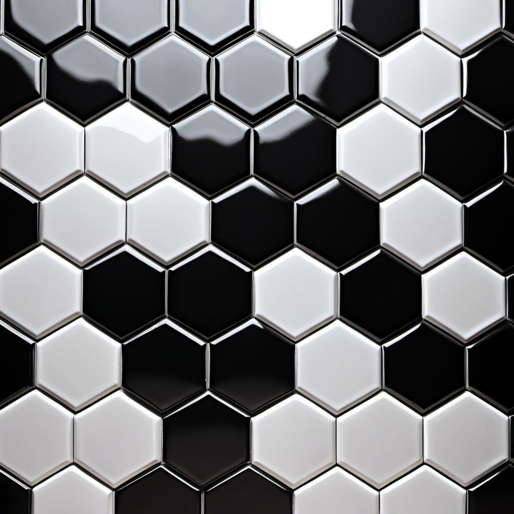 black hexagon tiles with white grout