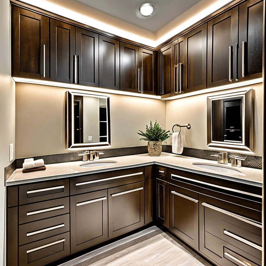 brushed nickel led light strips tucked beneath cabinets