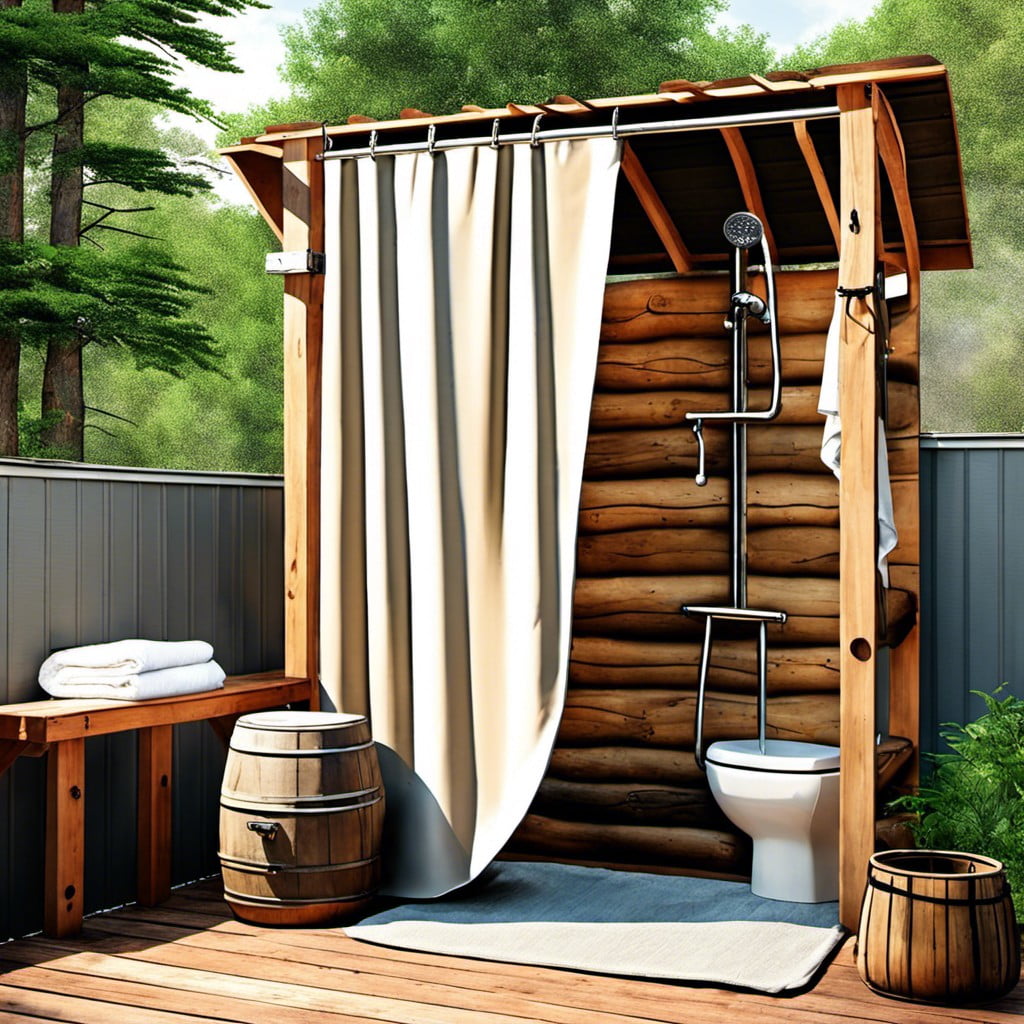 camp style shower with a canvas curtain