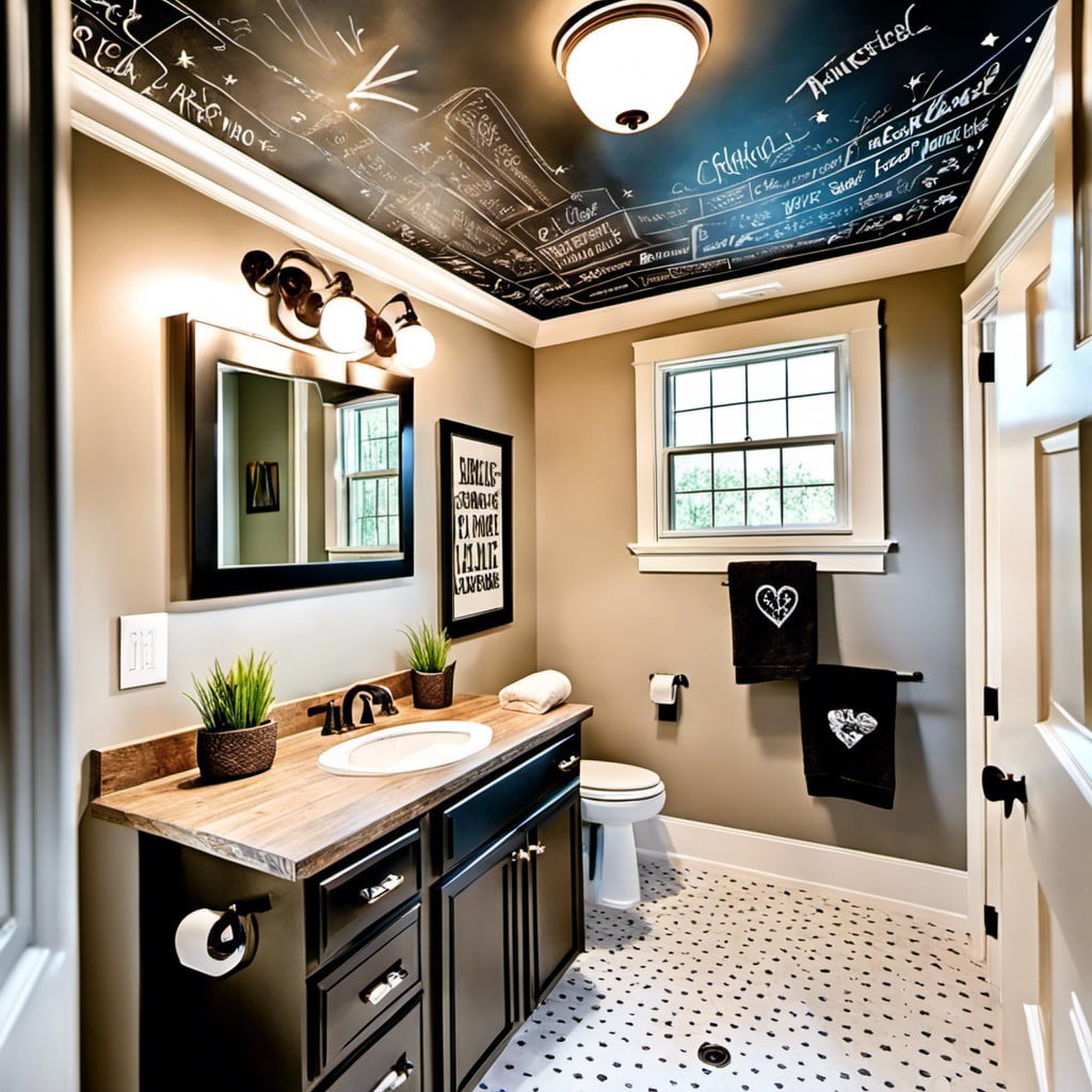 chalkboard paint on the bathroom ceiling for creative quotes