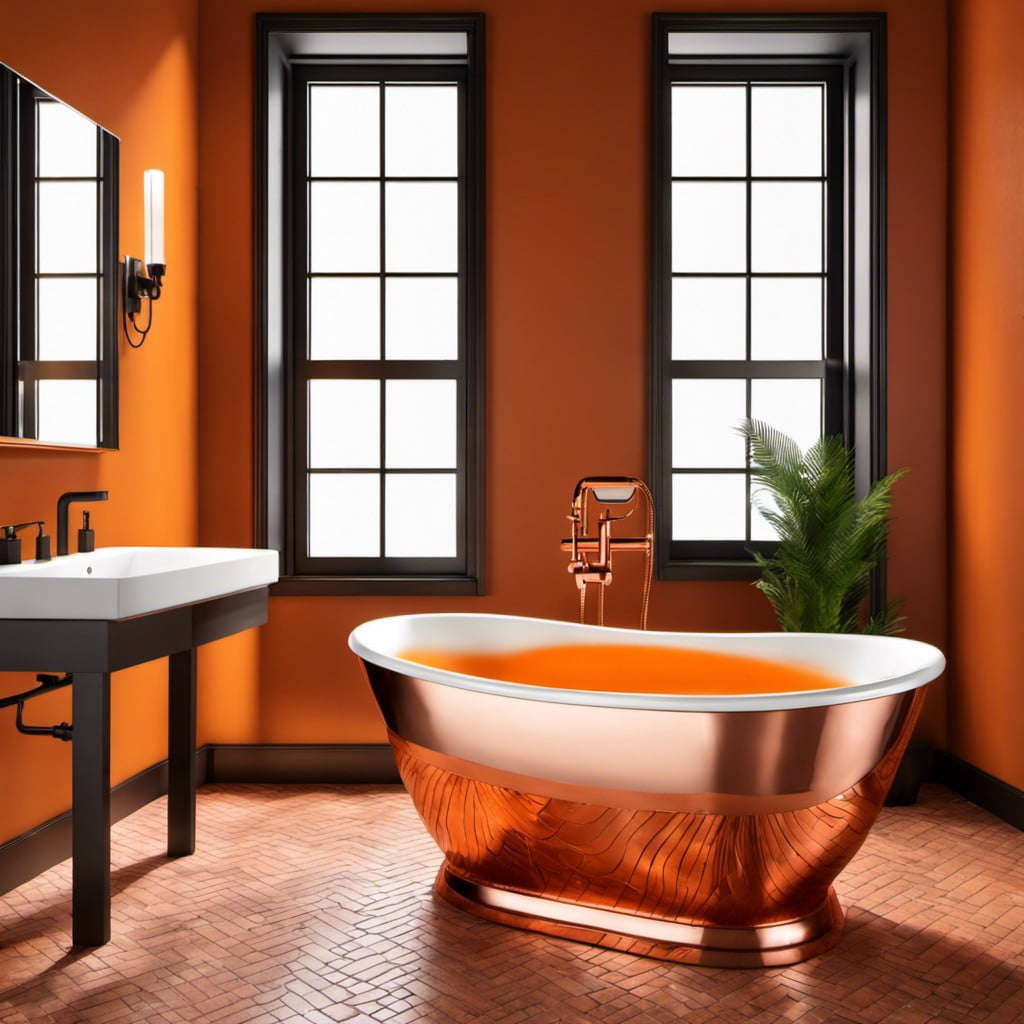 copper bathtub with burnt orange bath bomb
