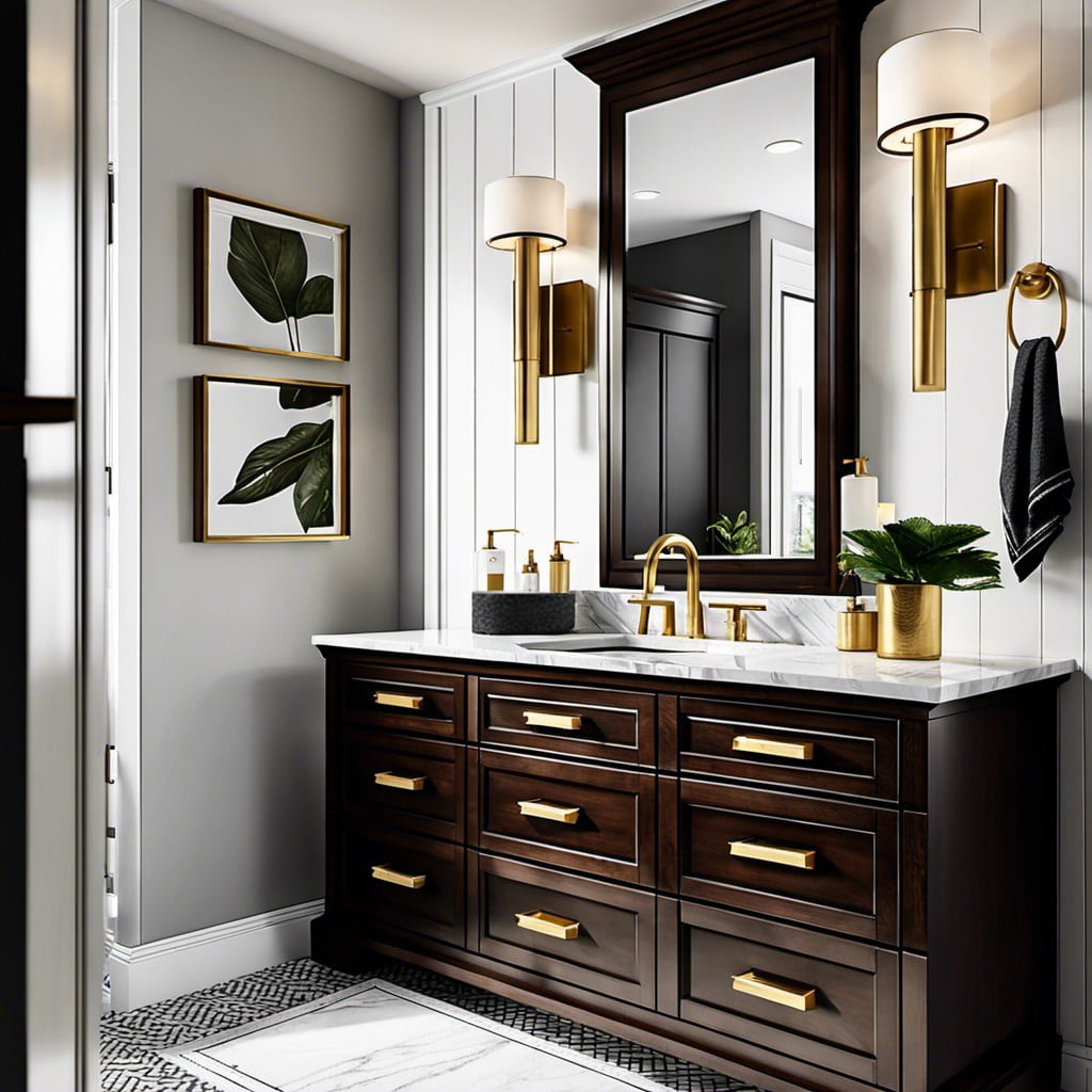 dark wood vanity with brass hardware