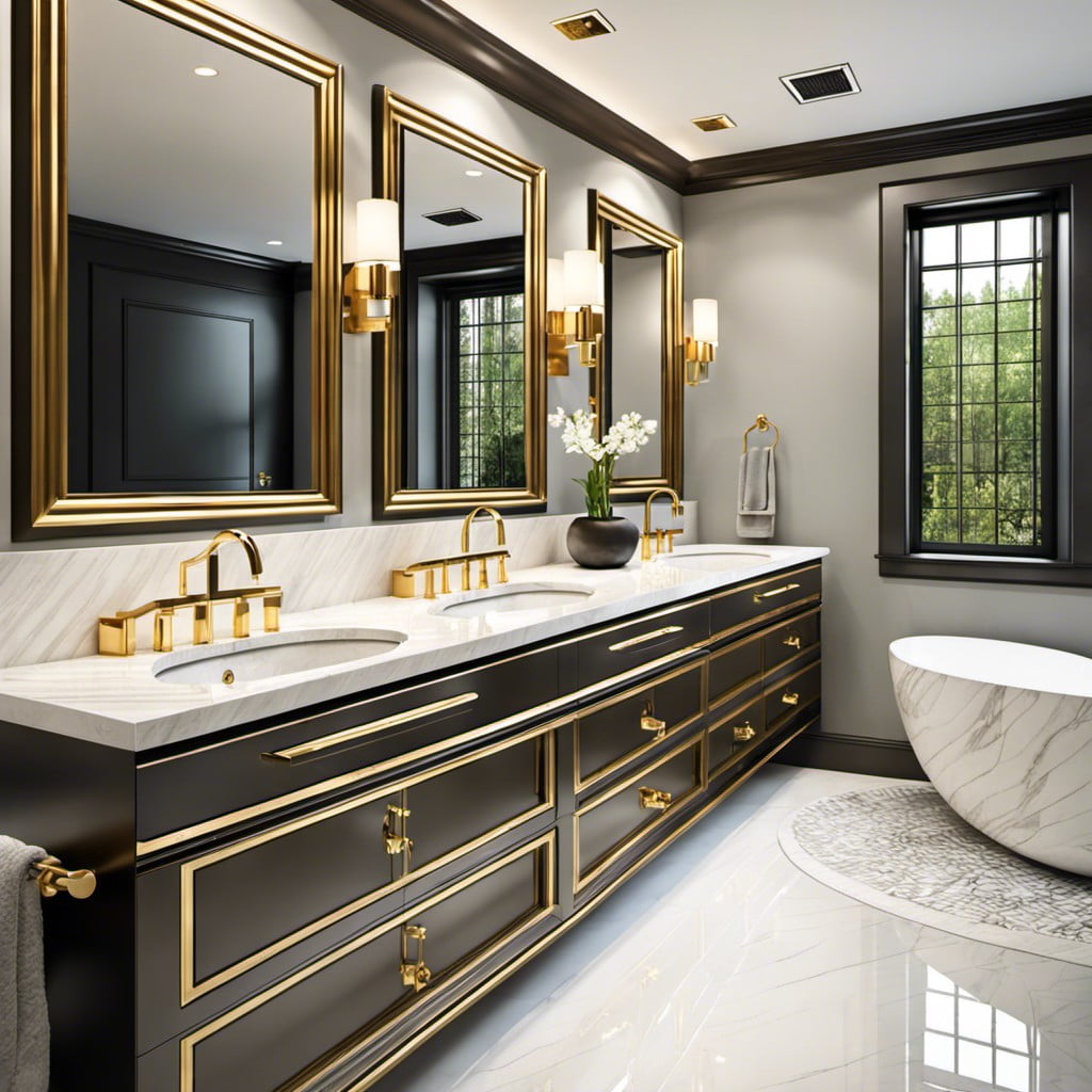 double sink vanity with polished brass hardware