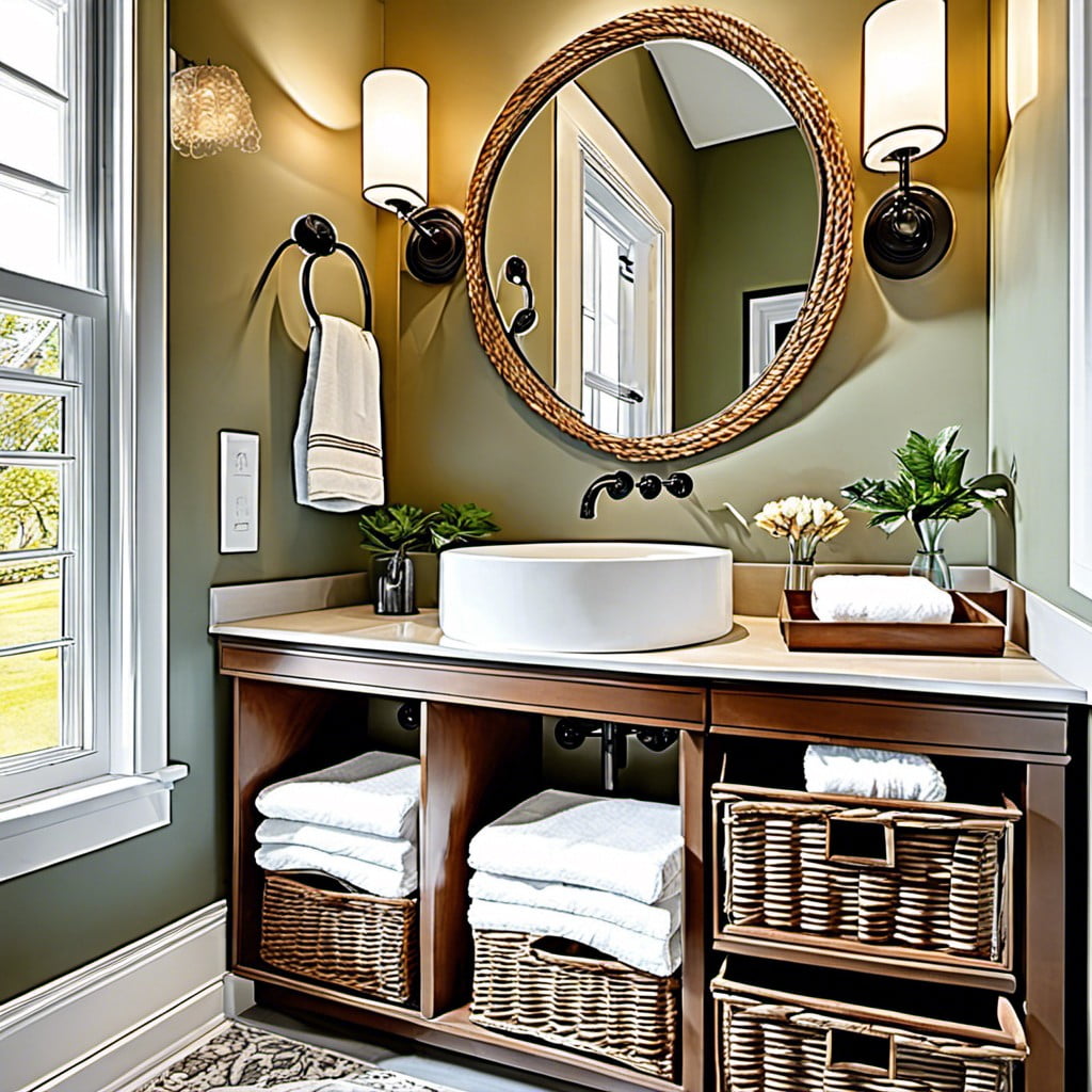 dresser style vanity with wicker basket storage