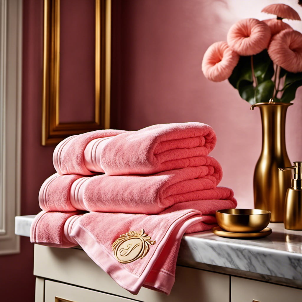 flamingo pink towels with gold monograms