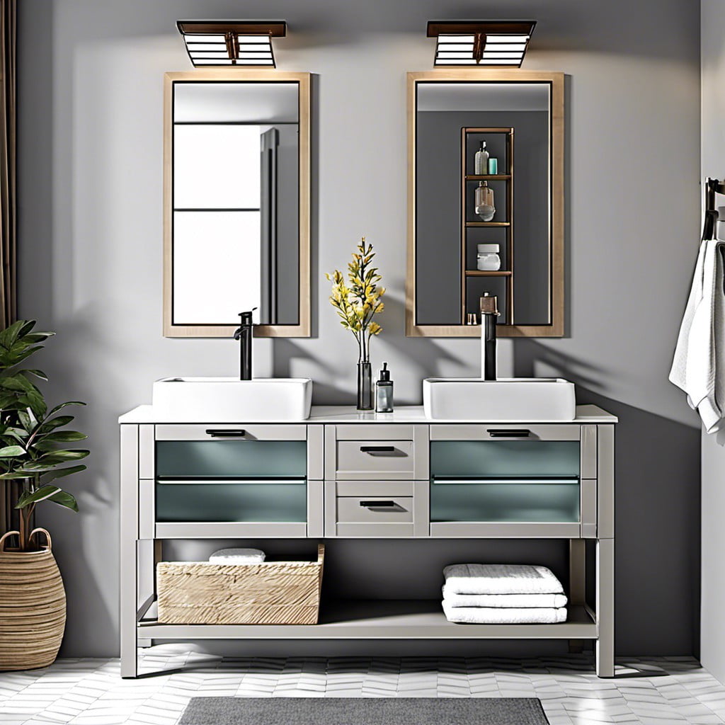 glass vessel sink atop grey vanity