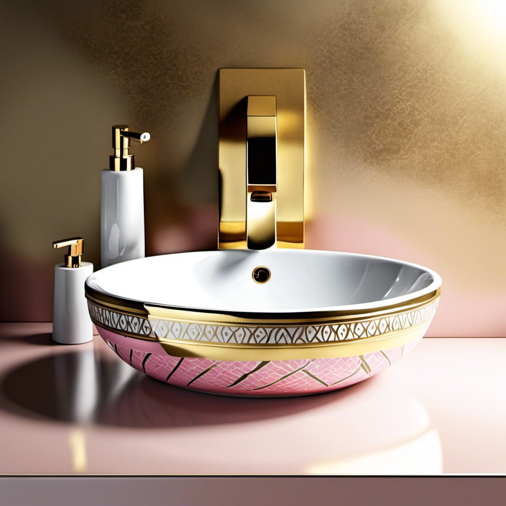 gold and pink patterned ceramic sink