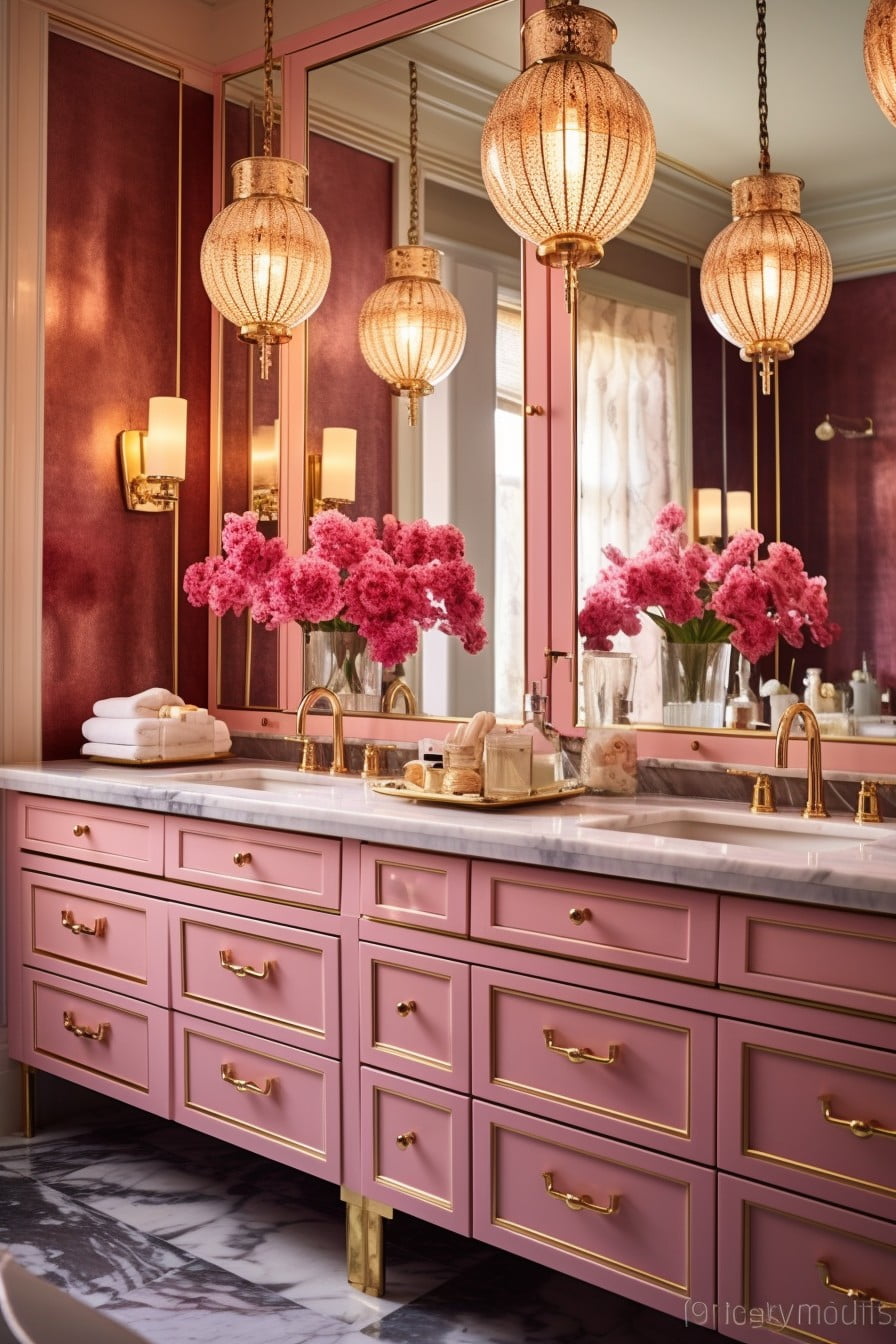 gold light fixtures with pink lampshades