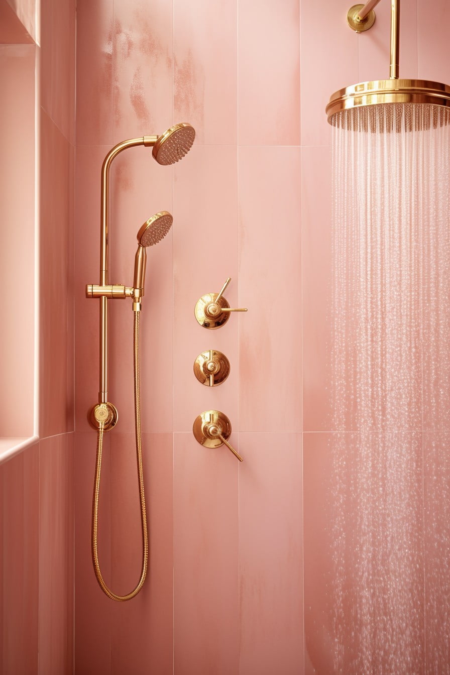 gold shower fixtures against a blush pink shower wall