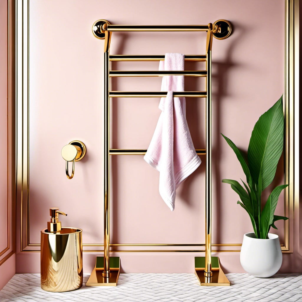 gold towel rack on light pink walls