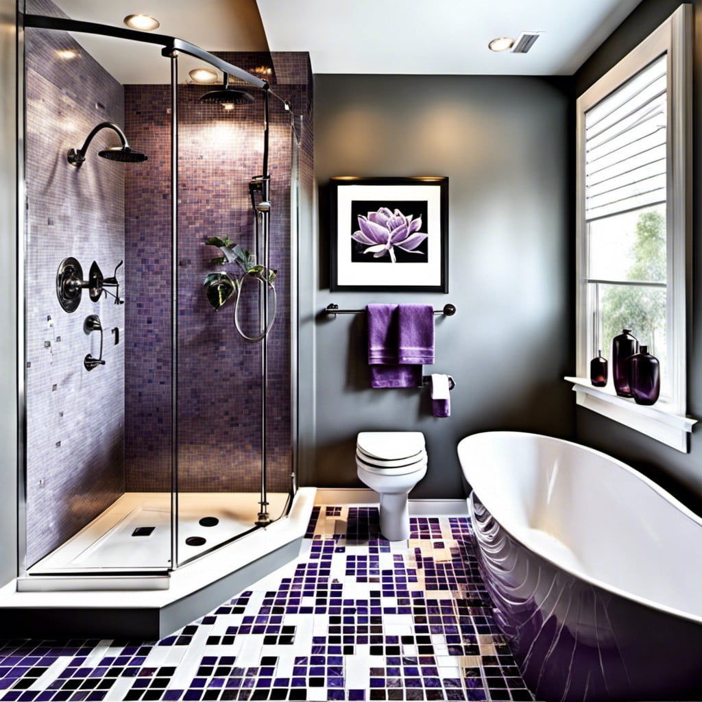 gray and purple mosaic tile shower enclosure