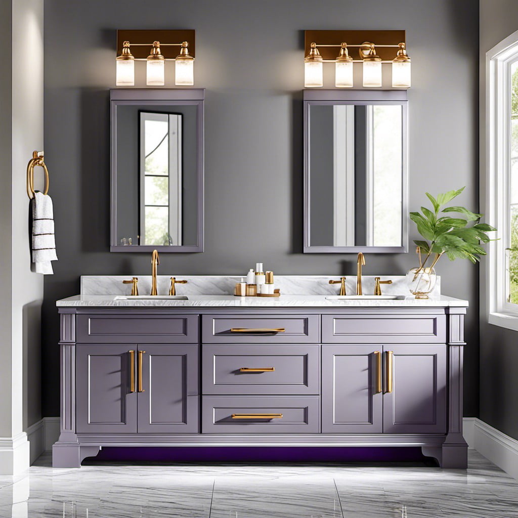 gray vanity with purple hardware