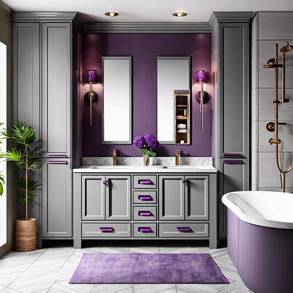 gray wooden cabinets with purple knobs