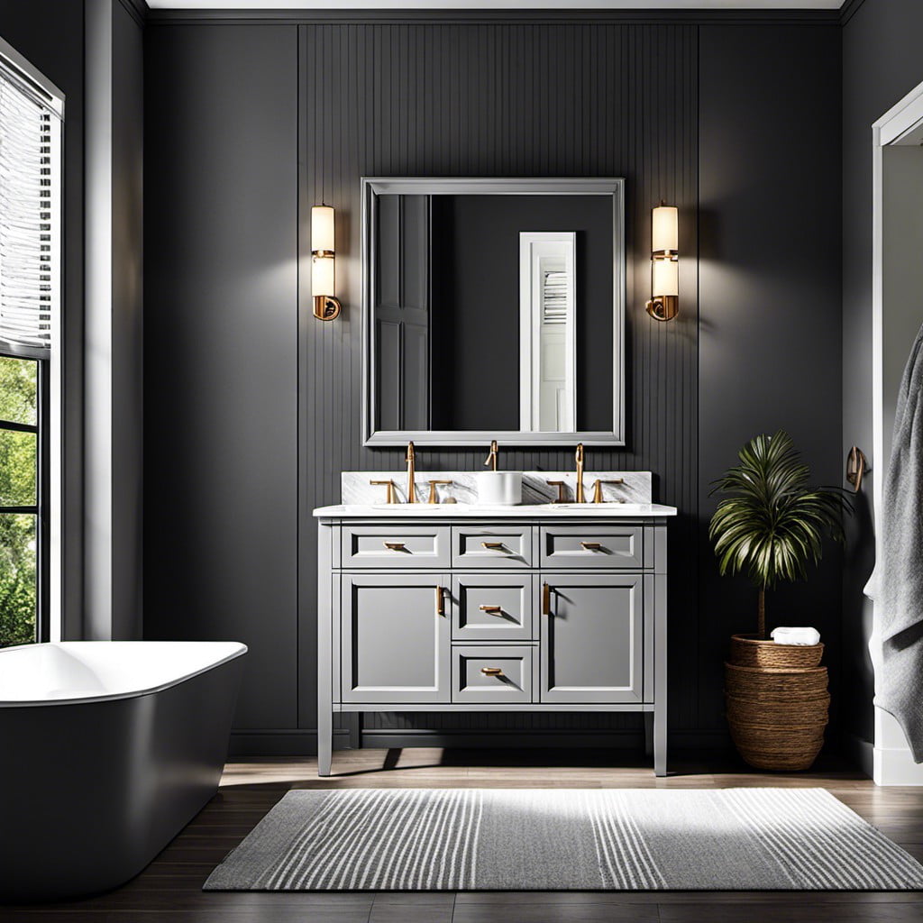 grey vanity paired with dramatic dark walls