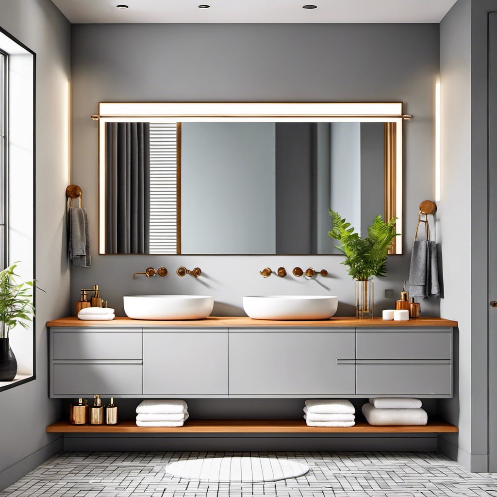 grey vanity with vibrant colored bathroom accessories