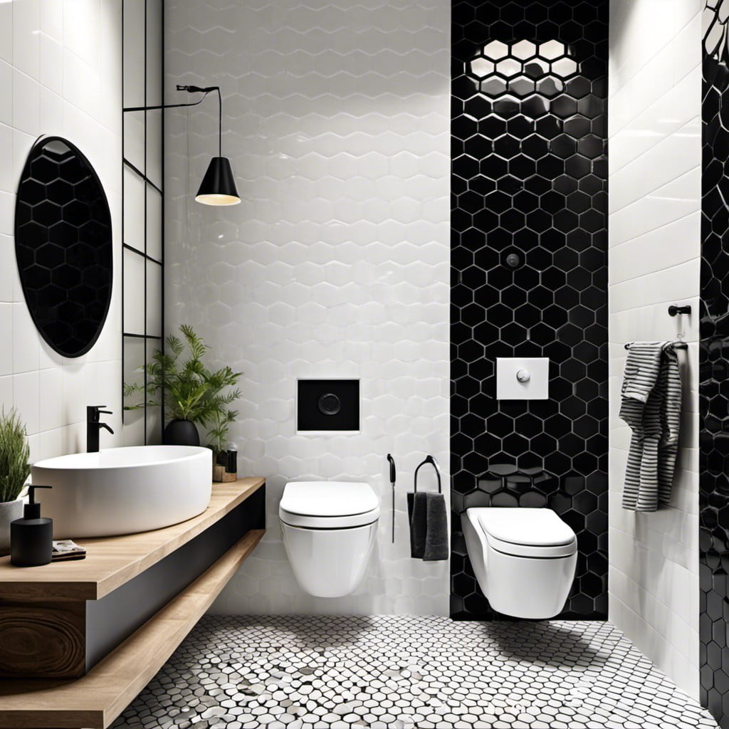 half tiled walls with black hexagons