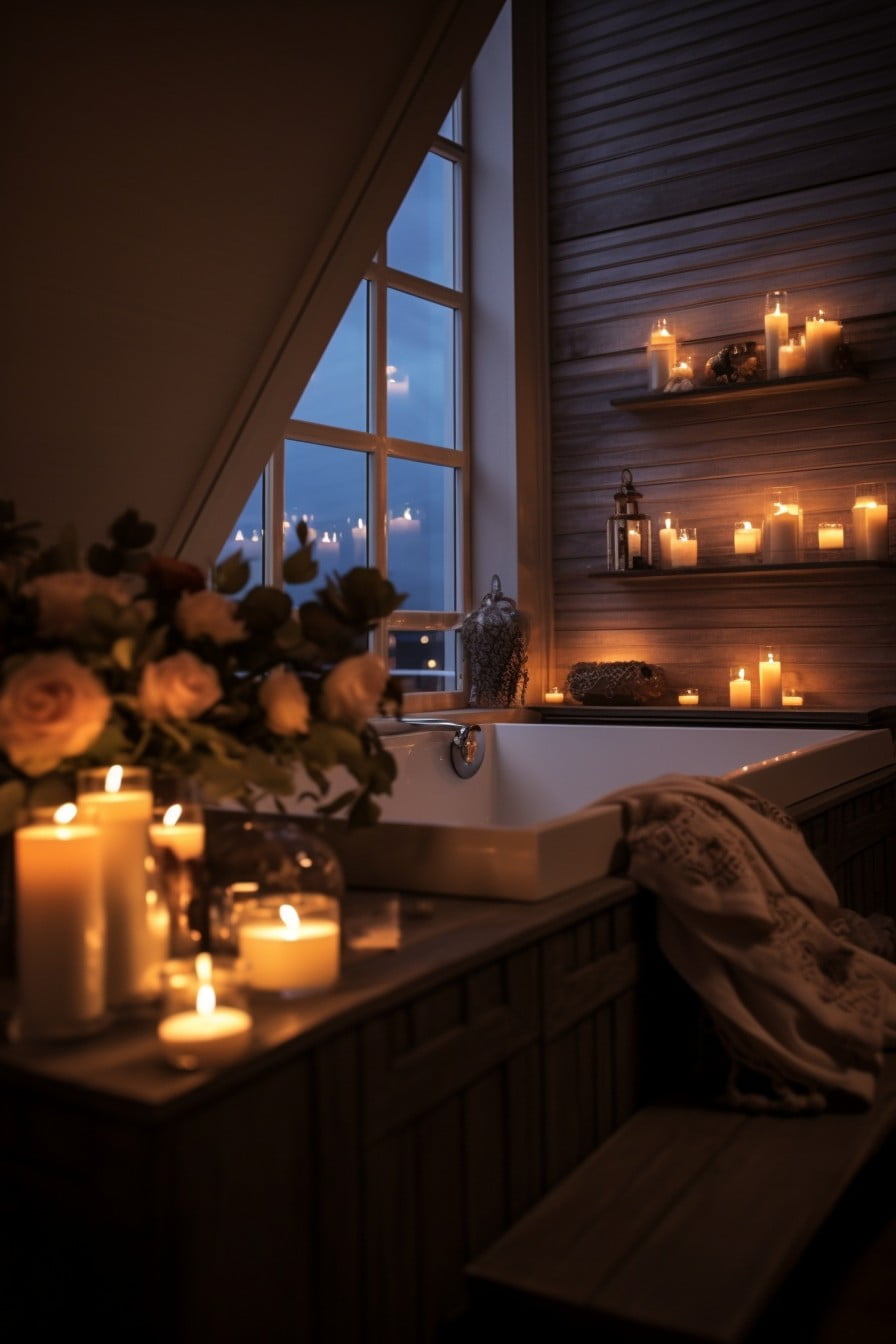 knee wall next to bathtub for candles and bath products