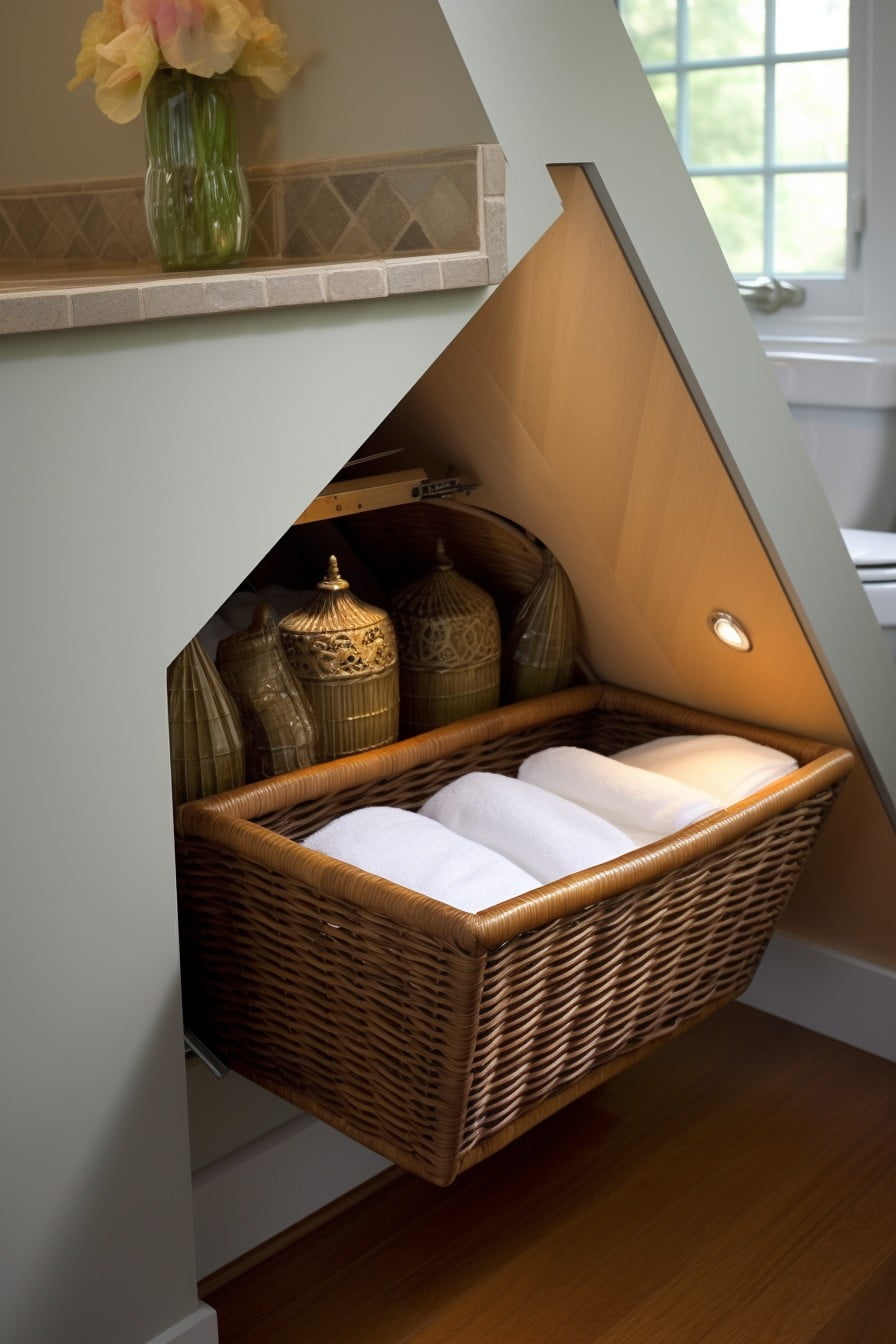 knee wall with a built in basket for toiletries