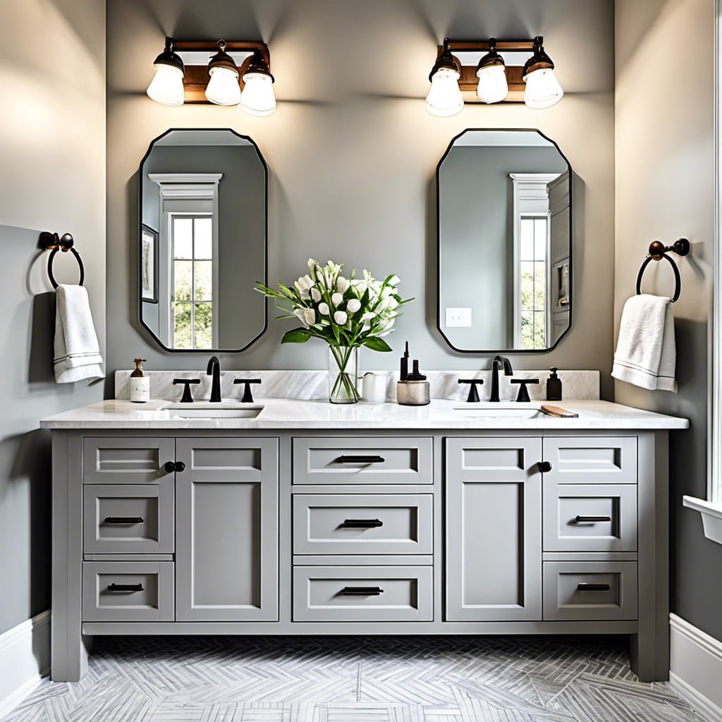 light grey vanity with dual farmhouse sinks
