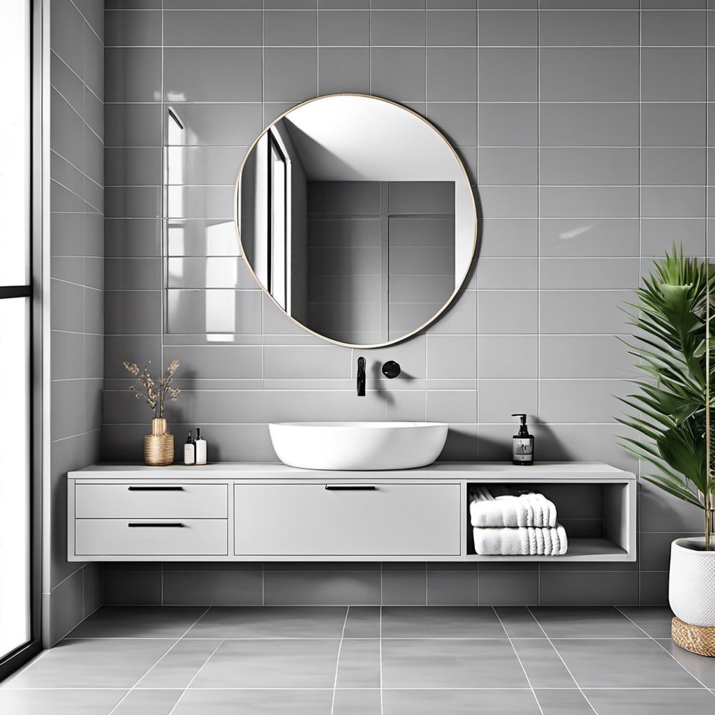 light grey vanity with matching grey floor tiles