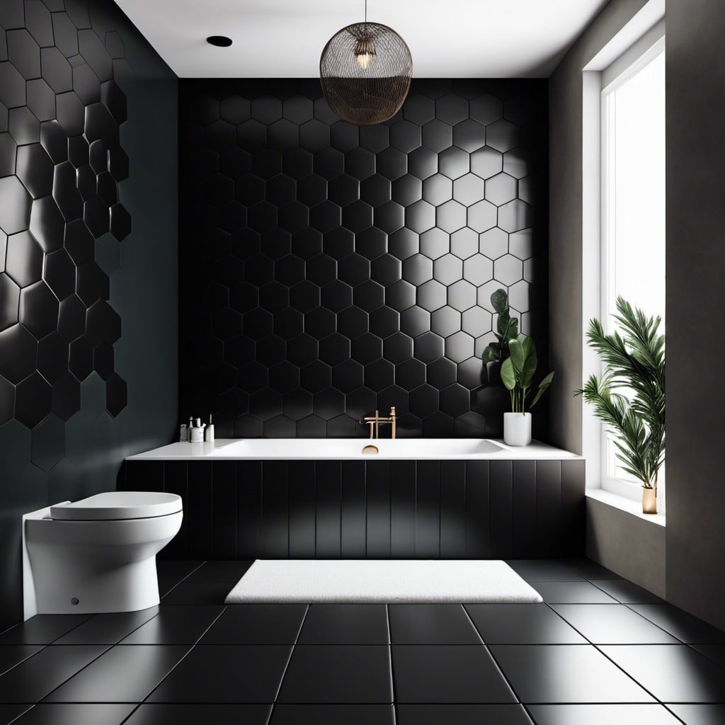 minimalist bathroom with black hexagon tiles