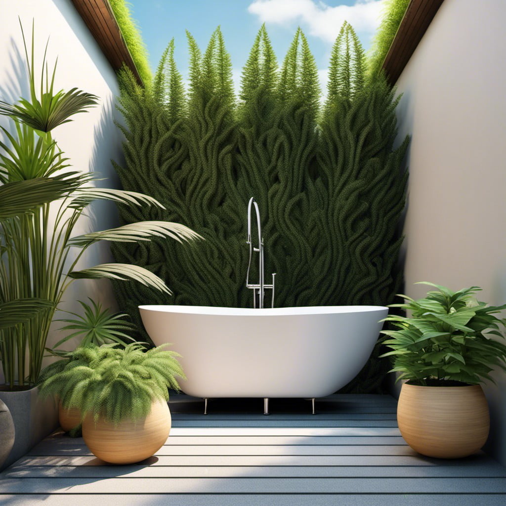 open sky outdoor bathtub surrounded by tall plants