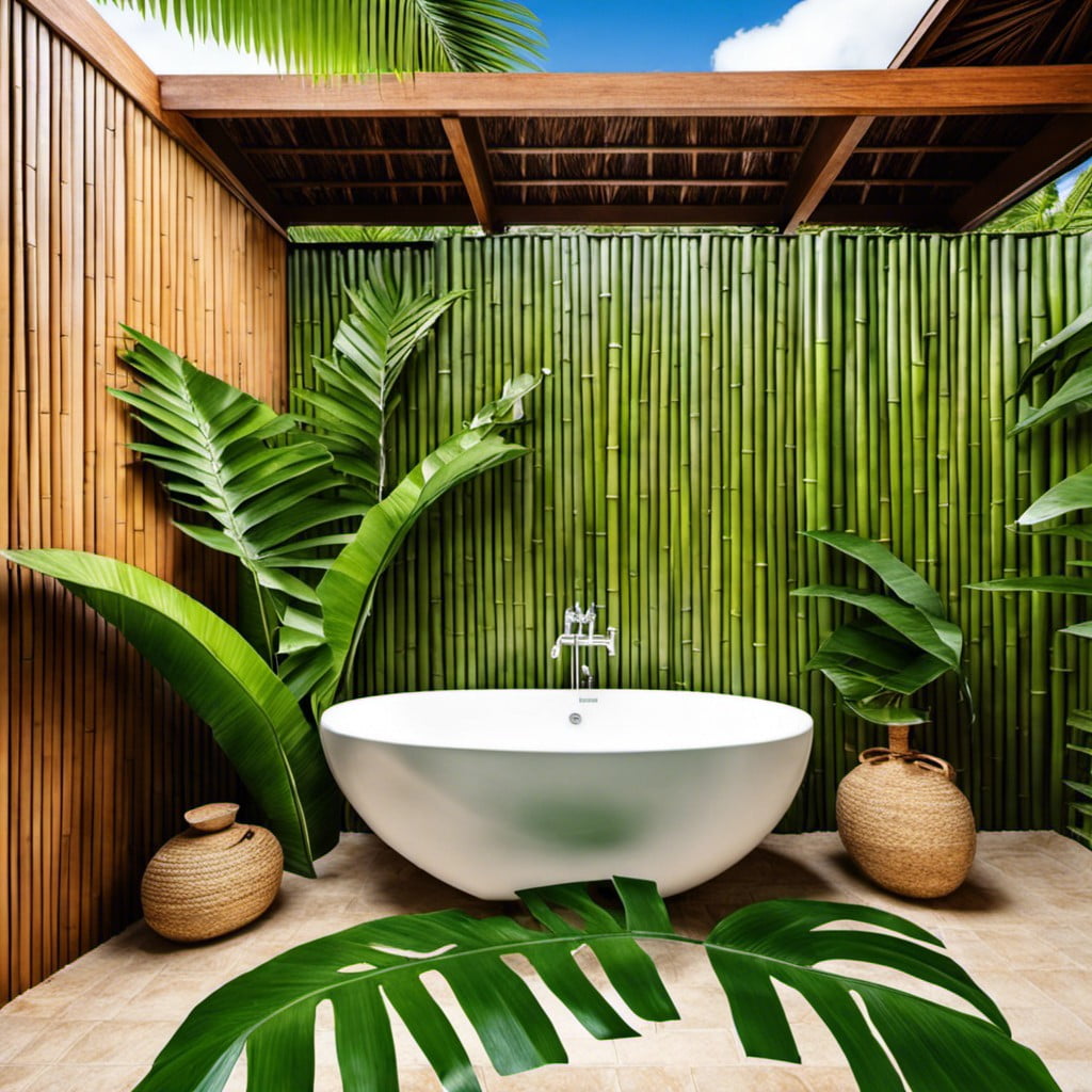 outdoor bathroom with tropical decor palm fronds for privacy
