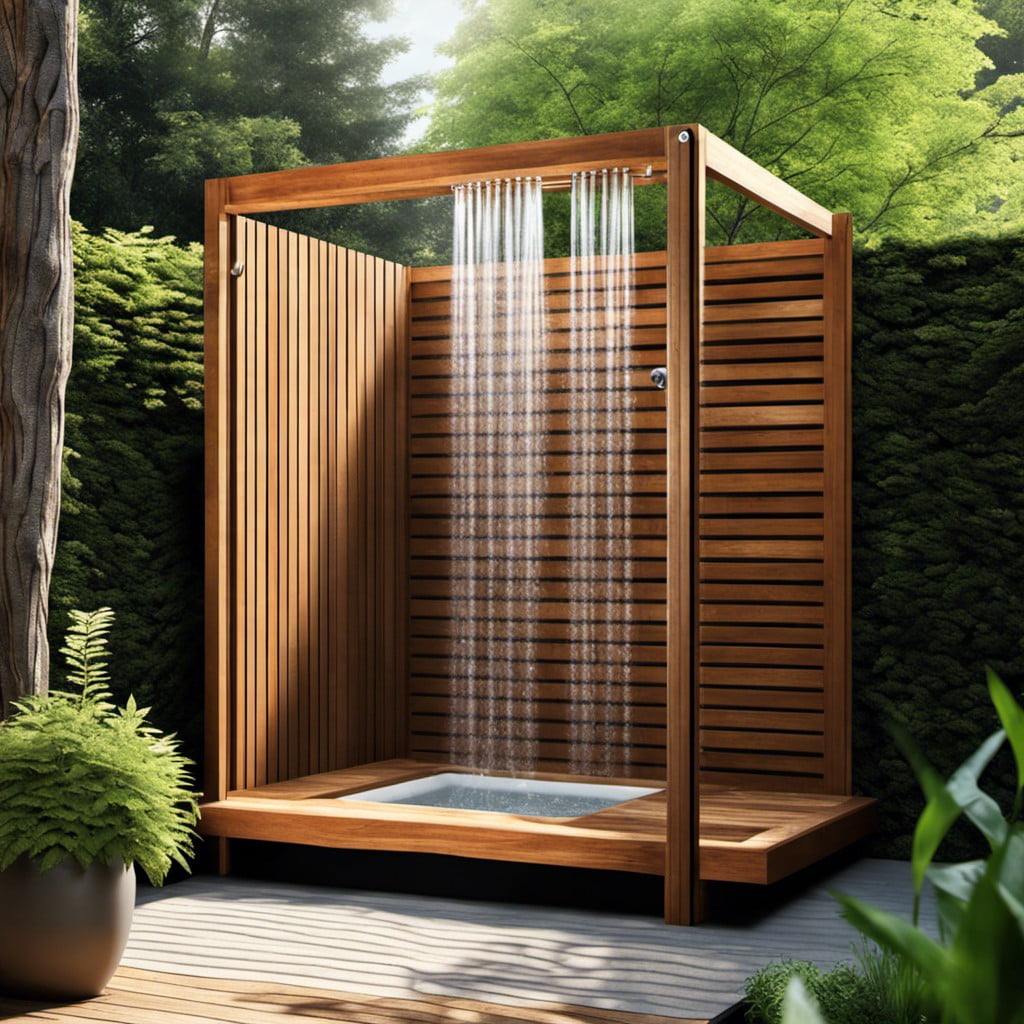 outdoor shower with wooden privacy screen