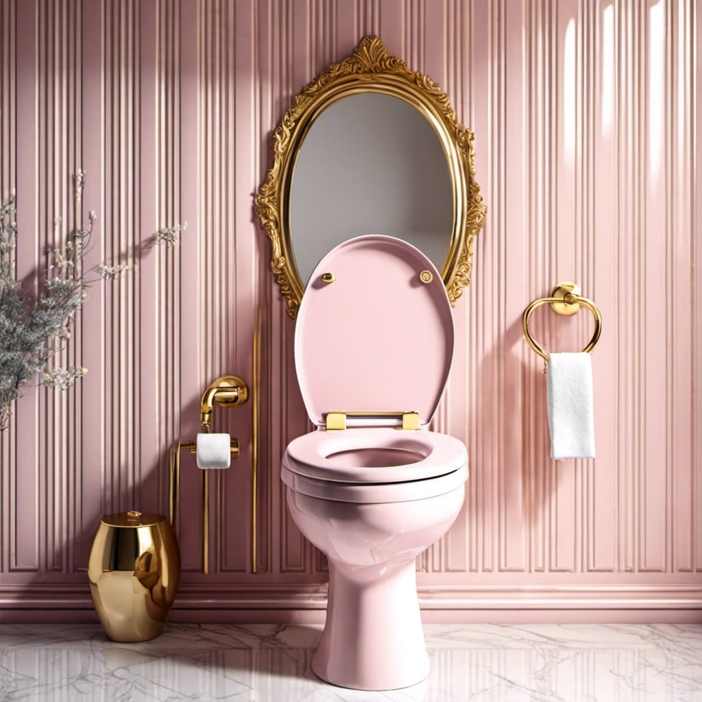 pastel pink toilet with a gold handle