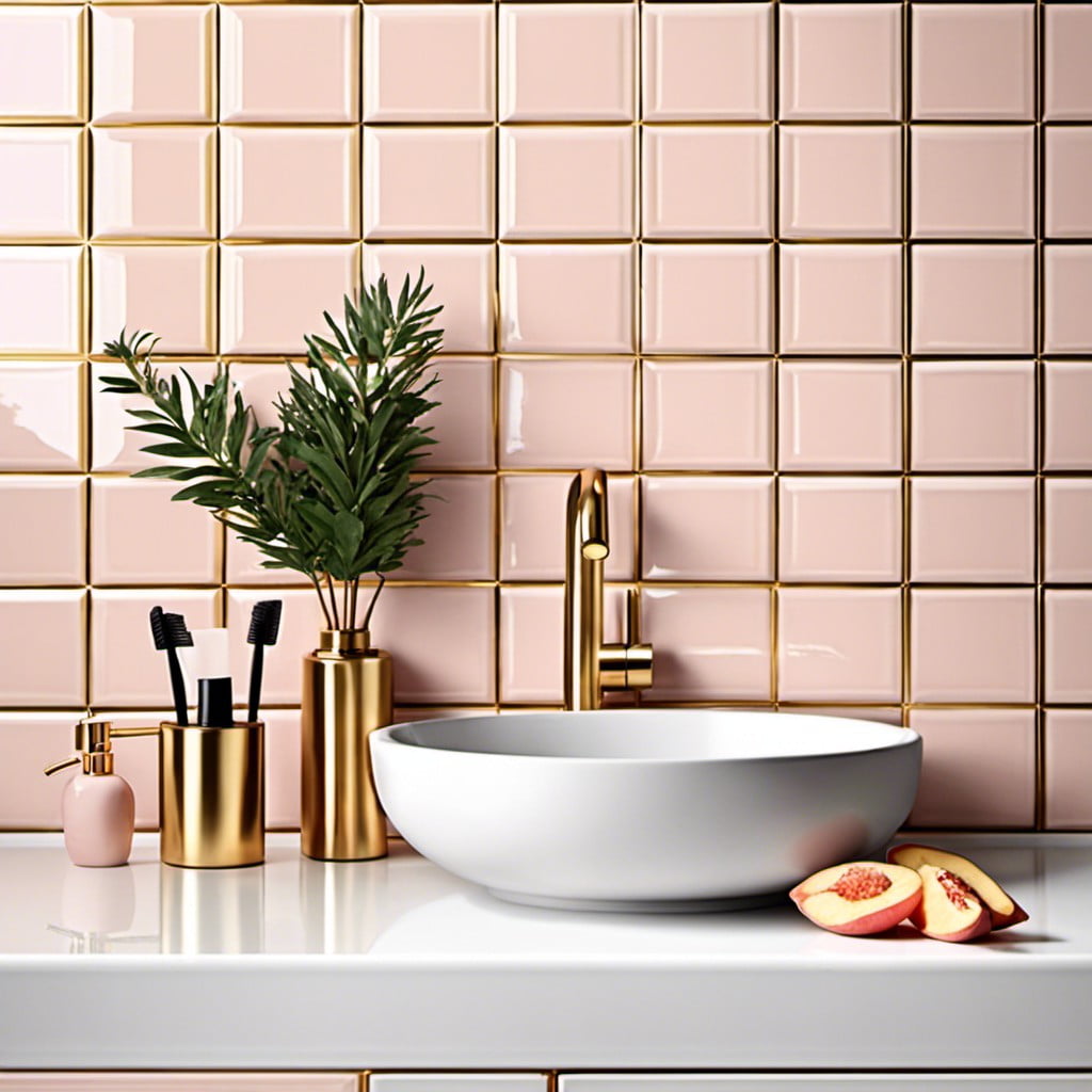 peachy pink and gold tiled backsplash