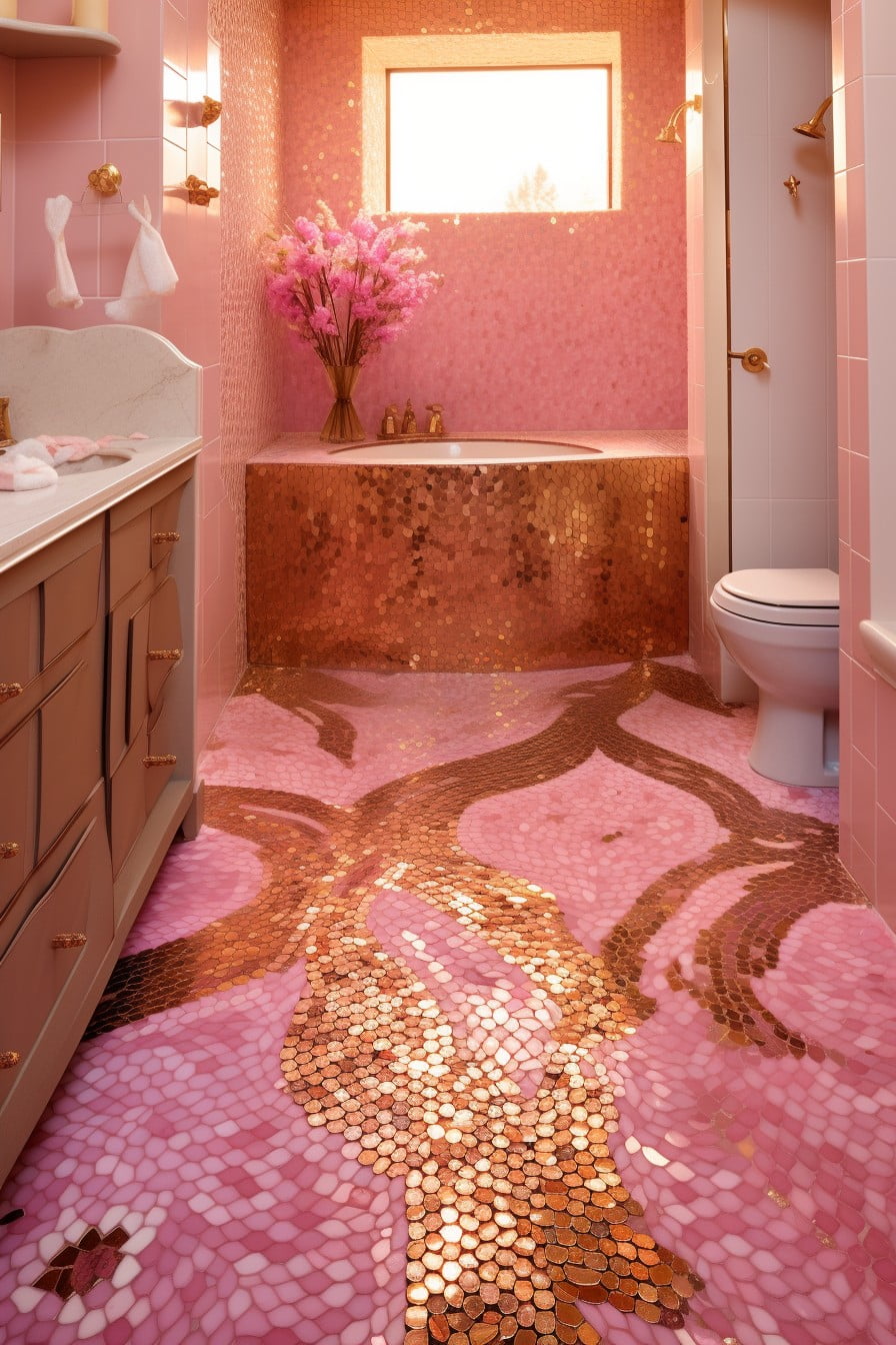 pink and gold mosaic tile flooring