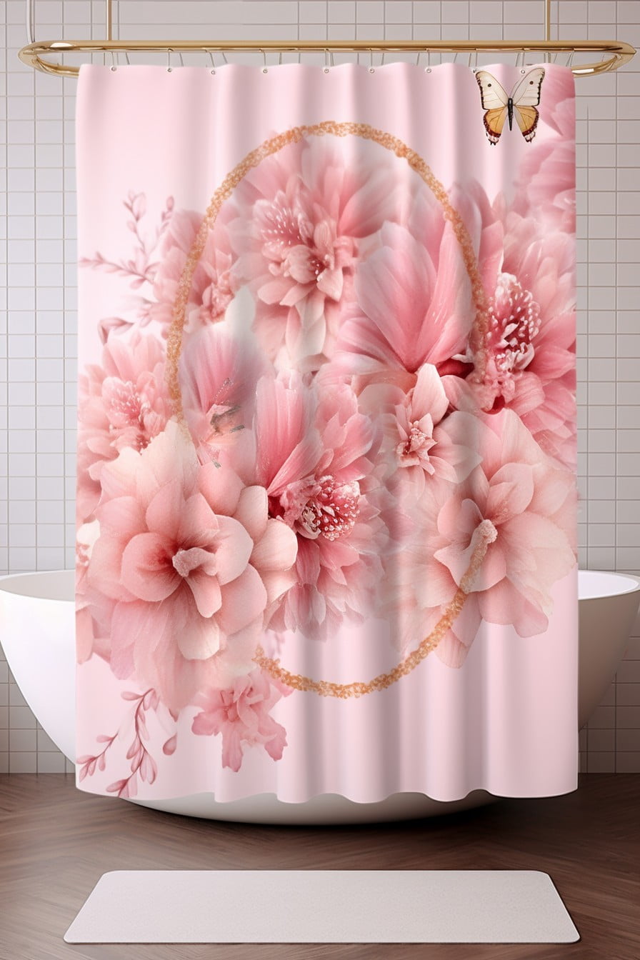 pink flowery shower curtain with gold rings