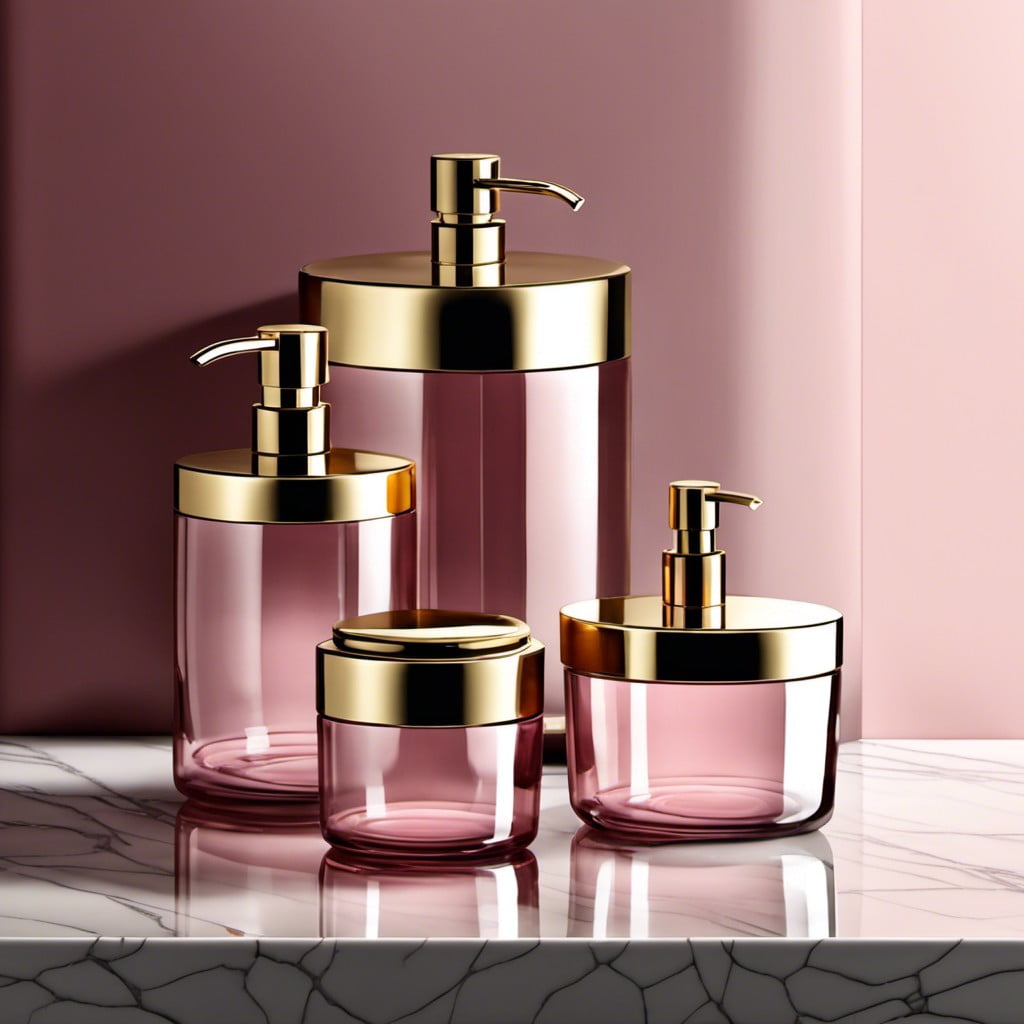 pink glass containers with gold lids for toiletries