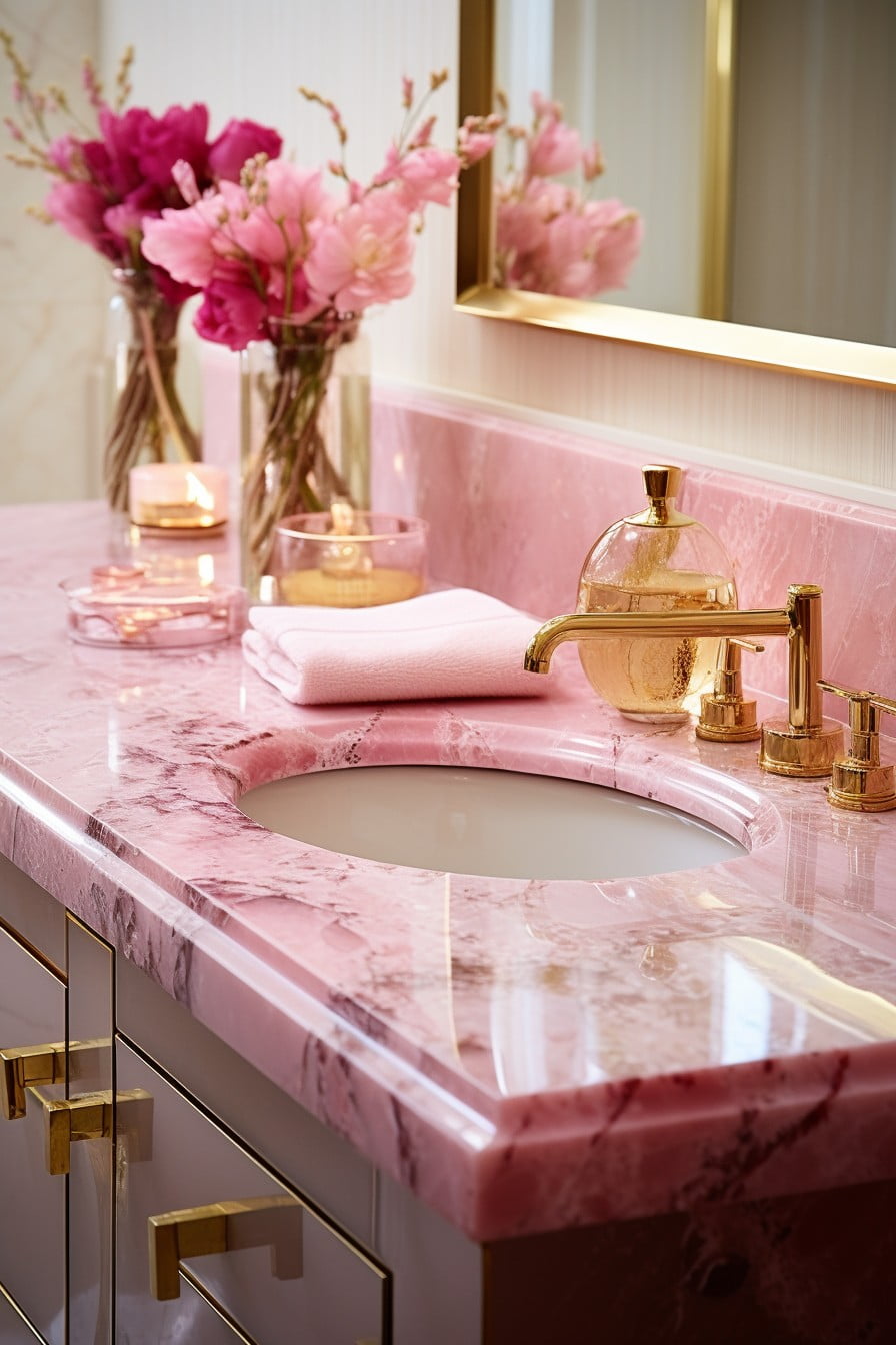pink marble countertops with gold accents