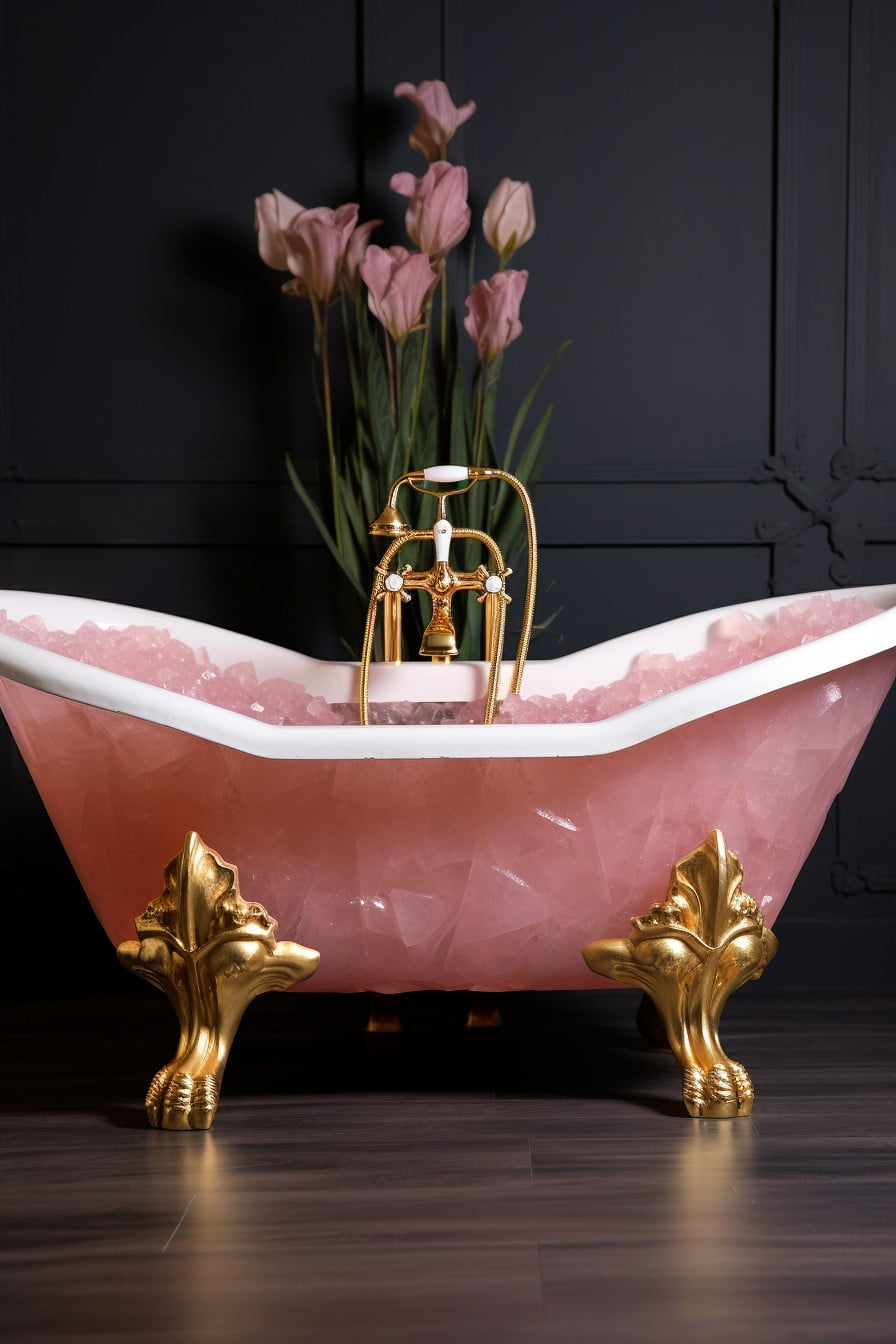 pink rose quartz bathtub with gold clawfoot details