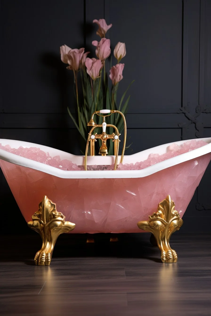 pink rose quartz bathtub with gold clawfoot details