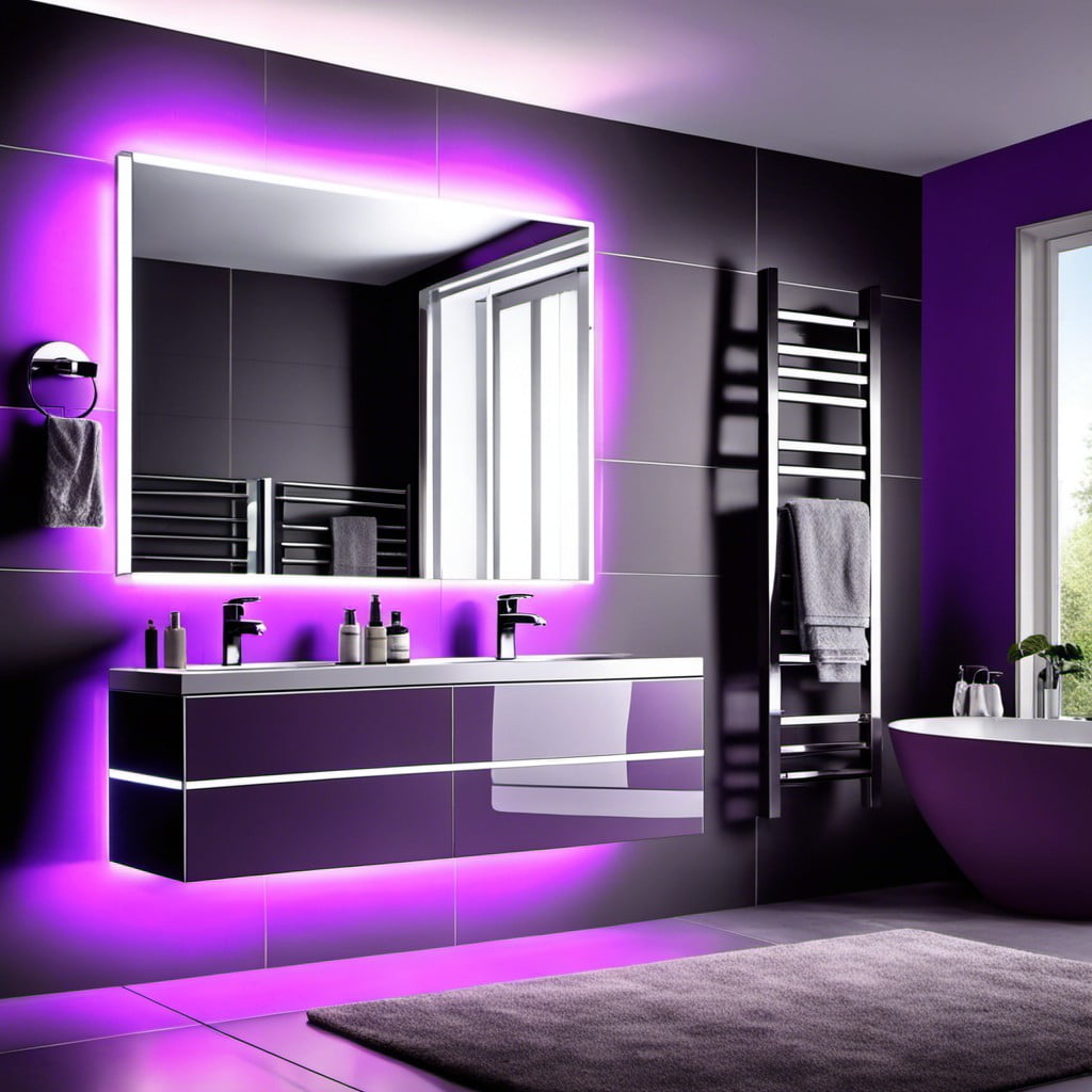 purple backlit mirror in a gray bathroom