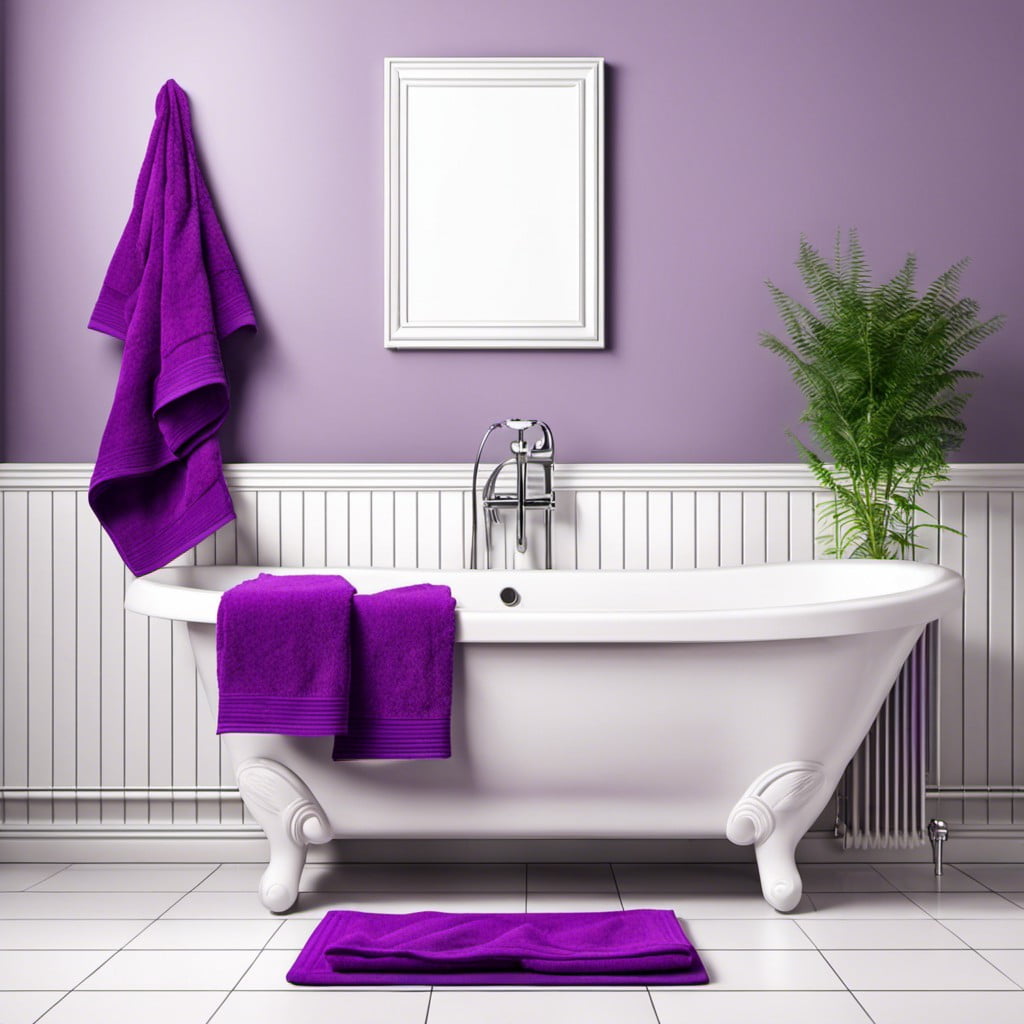 purple bath towels on white radiators