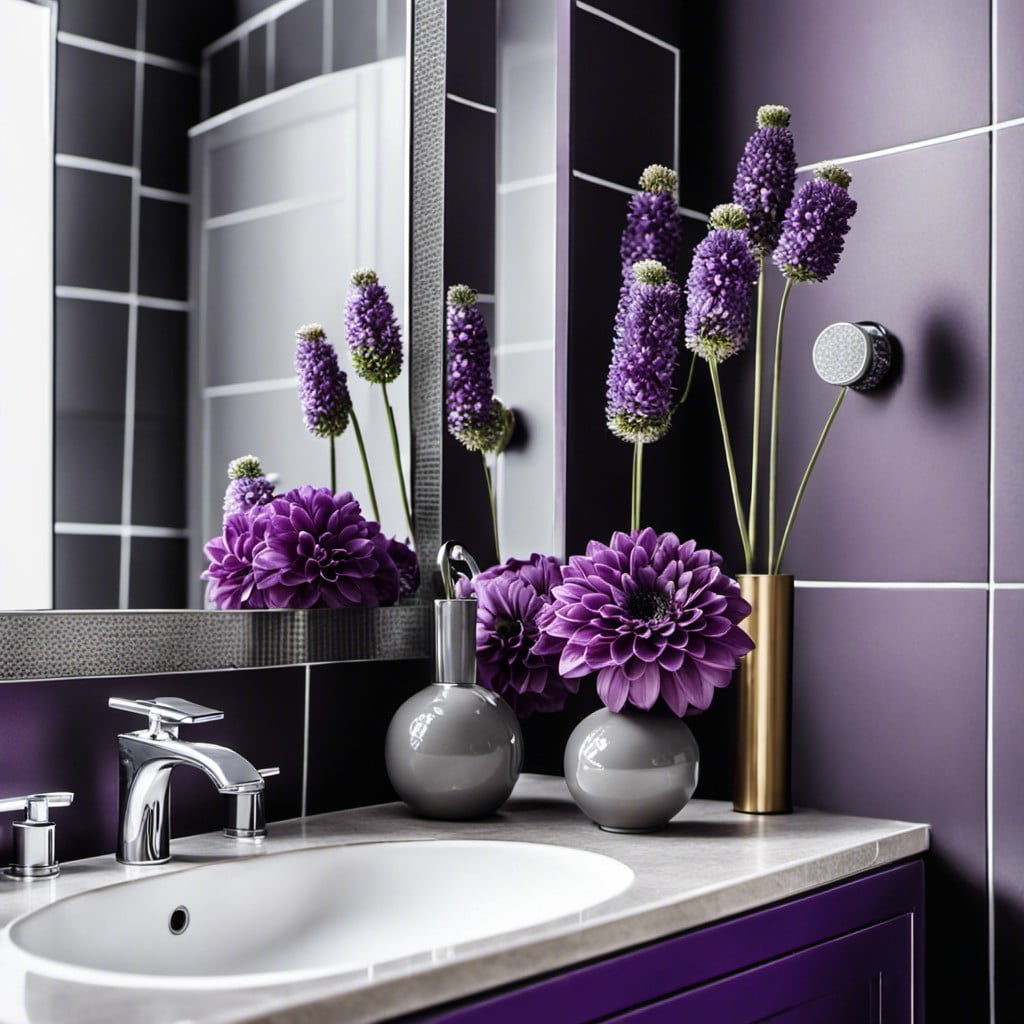 purple flower arrangements placed around the bathroom