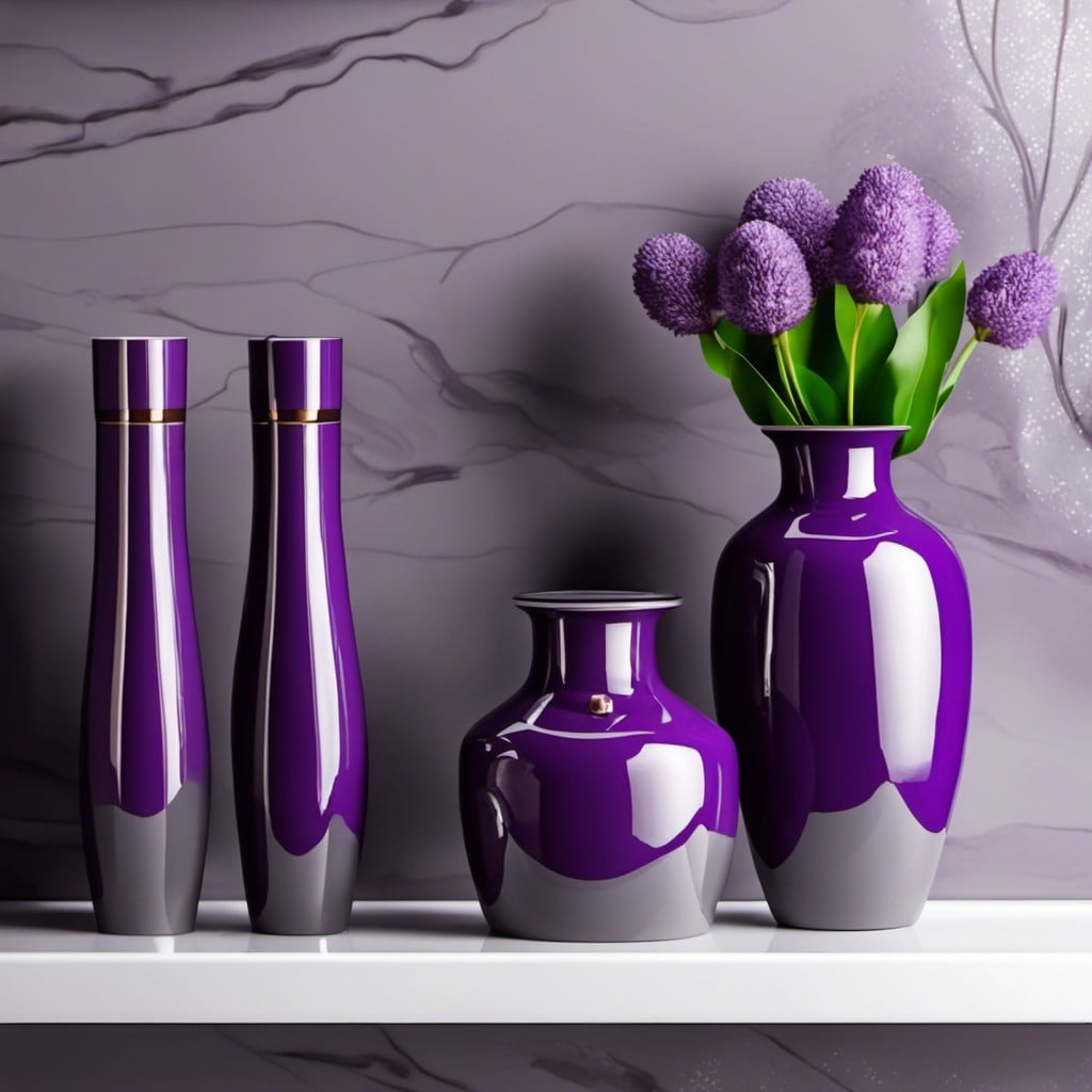 purple ornamental vases on bathroom shelves