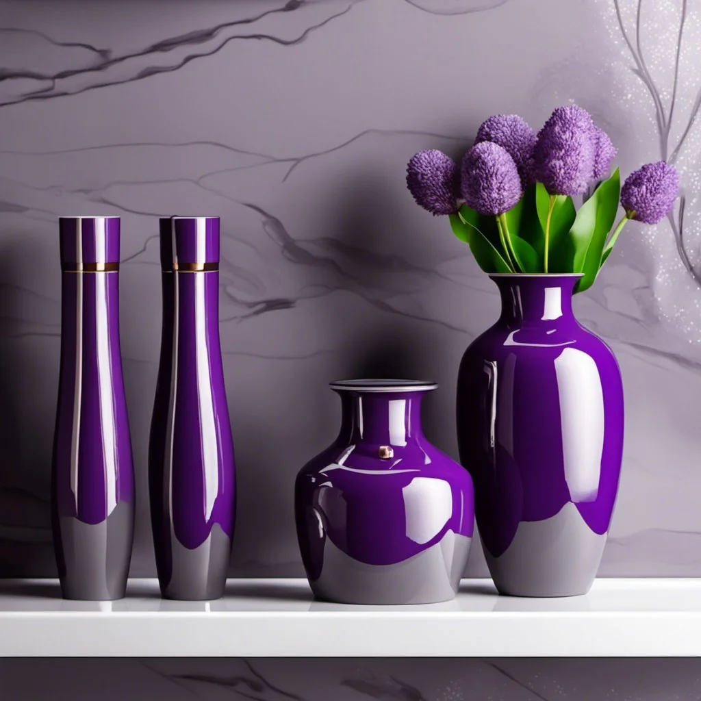 purple ornamental vases on bathroom shelves