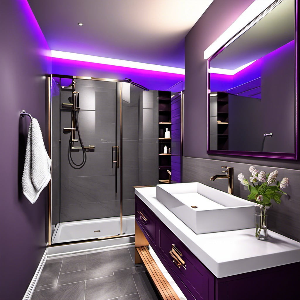 purple vanity lights in a gray bathroom