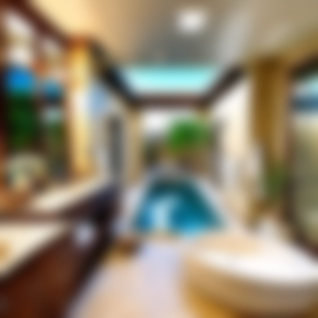 resort style bathroom with sunken tub