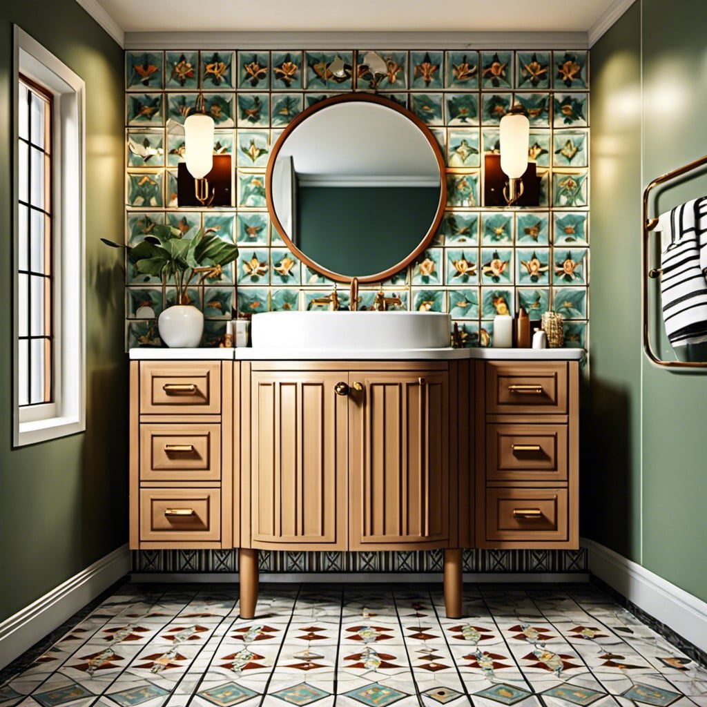 retro style vanity with patterned tile backdrop