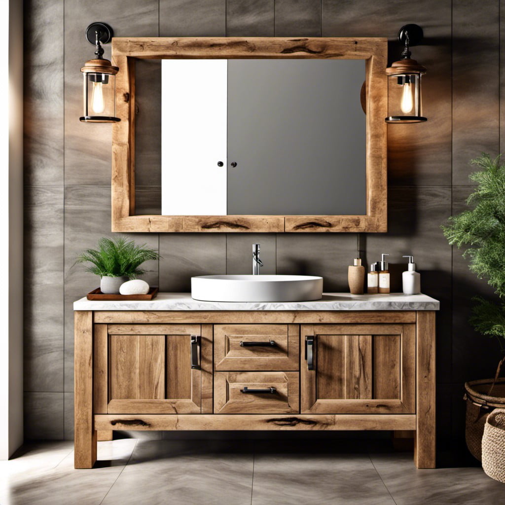 rustic wood vanity with stone sink